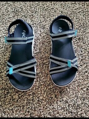 Ryka Black Strappy Sport Sandals with Teal Accents
